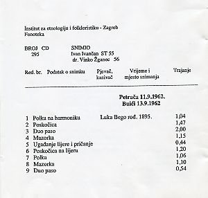 1. Folklorna glazba dubrovačkog područja 1962.; 2. Folklorna glazba u Međimurju 1960. i 1961.