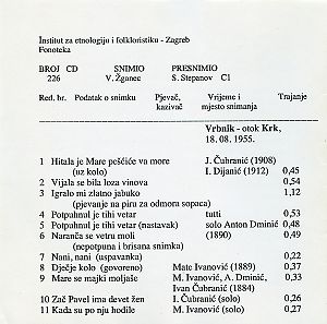 Folklorna glazba otoka Krka (Vrbnik, Dobrinj), 1955. i Novi Vinodol 1956.