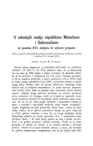 O odnošajih medju republikom Mletačkom i Dubrovačkom