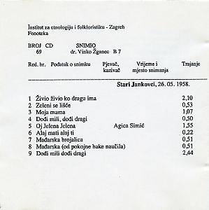 Mađarske i hrvatske narodne pjesme iz Starih Jankovaca i Vinkovaca, 1958.