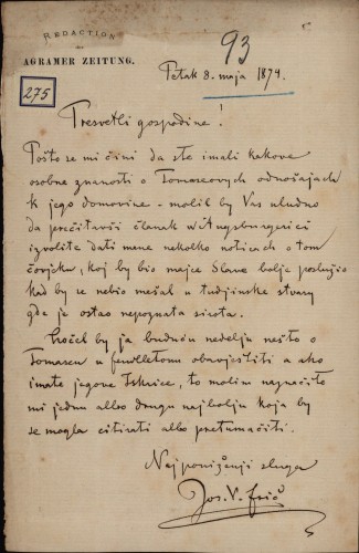 Pismo Josipa V. Friča Ivanu Kukuljeviću