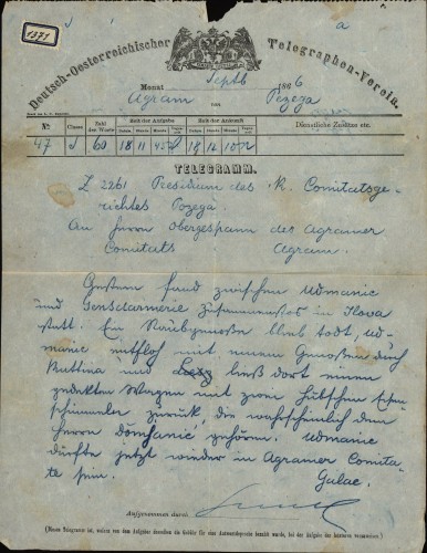 Telegram Županijskog suda u Požegi Ivanu Kukuljeviću