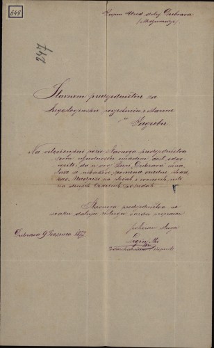 Pismo Mije Legina predsjedništvu Jugoslavenske povjestnice i starine
