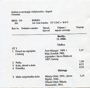 1. Pounje i Banija; Folklorna građa, 1959.; 2. Međimurje; 3. Donje Sitno, Poljica.