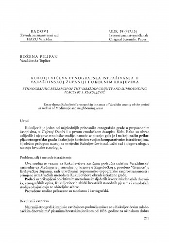Kukuljevićeva etnografska istraživanja u Varaždinskoj županiji i okolnim županijama