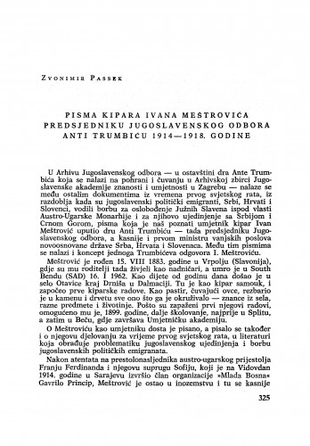 Pisma kipara Ivana Meštrovića predsjedniku Jugoslavenskog odbora Anti Trumbiću 1914 -1918. godine