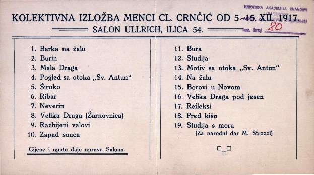 Kolektivna izložba Menci Cl. Crnčić od 5-15.XII.1917.