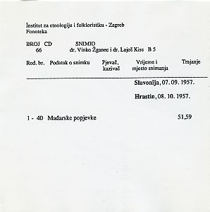 Mađarske narodne pjesme iz Hrastina 1957.
