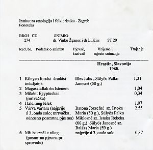 Mađarske narodne pjesme u Hrastinu (Slavonija), 1957.