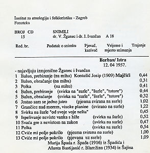 Folklorna glazba u Istri, 1957.