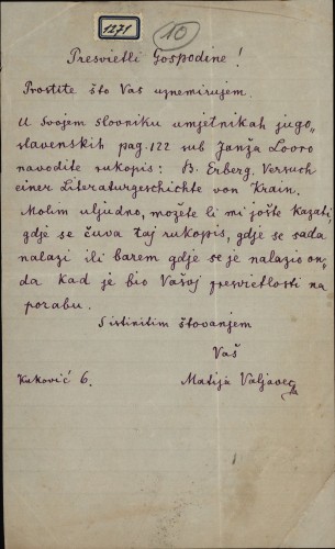 Pismo Matije Valjevca Ivanu Kukuljeviću