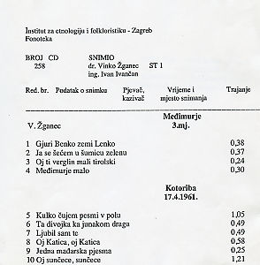 1) Folklorna glazba u Međimurju 1961.; 2) Slavonija. Ples raznih kola dijelom uz pjevanje, sve uz svirku tamburaškog orkestra.