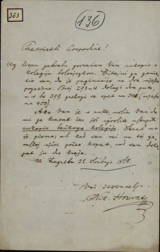 Pismo Nikole Horvata Ivanu Kukuljeviću