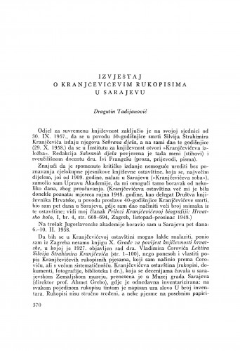 Izvještaj o Kranjčevićevim rukopisima u Sarajevu