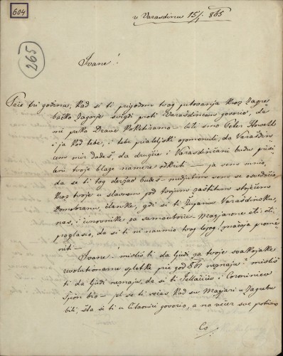 Pismo Ladislava Kukuljevića Ivanu Kukuljeviću