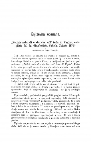 Notizie naturali e storiche sull' isola di Veglia, compilate dal dr. Giambatista Cubich. Trieste. 1874