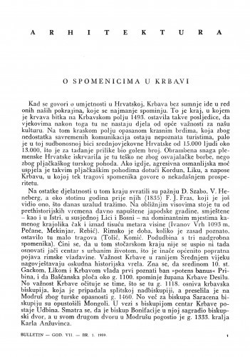 O spomenicima u Krbavi : Bulletin Instituta za likovne umjetnosti Jugoslavenske akademije znanosti i umjetnosti