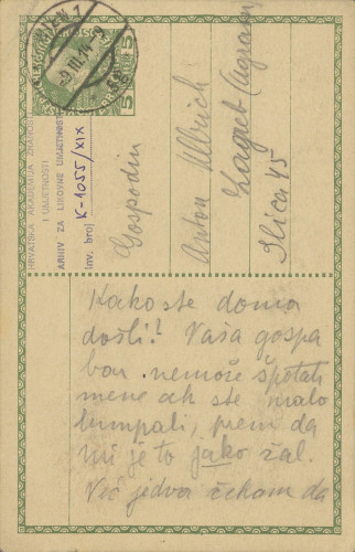 Dopisnica Naste Rojc Antunu Ullrichu, Beč, 9.3.1914.