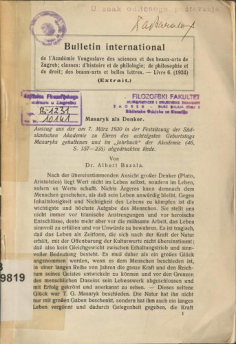 Masaryk als Denker / Albert Bazala