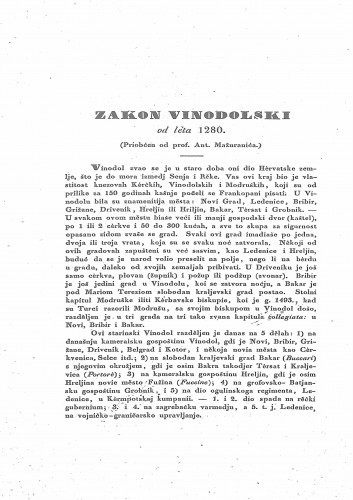 Zakon vinodolski od leta 1280. / (priobćen od prof. Ant. Mažuranića)