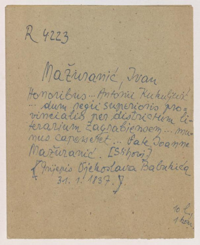 Honoribus magnifici domini Antonii Kukuljević de Bassani et Sacci ... dum regii superioris provincialis per districtum literarium Zagrabiensem ... studiorum et scholarum directoris munus capesseret
