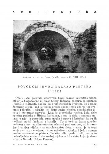Povodom prvog nalaza pletera u Lici : Bulletin Instituta za likovne umjetnosti Jugoslavenske akademije znanosti i umjetnosti