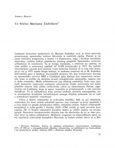 Uz Stičnu Marijana Zadnikara : Bulletin Razreda za likovne umjetnosti Jugoslavenske akademije znanosti i umjetnosti