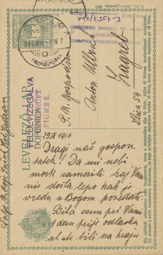 Dopisnica Naste Rojc Antunu Ullrichu, Sušak, Hotel Jadran, 29.10.1916.
