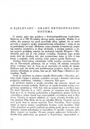 O Bjelovaru gradu ortogonalnog sistema : Bulletin Odjela VII. za likovne umjetnosti Jugoslavenske akademije znanosti i umjetnosti