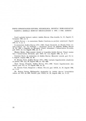 Popis oproštajnih govora, nekrologa, osvrta i bibliografije radova Anđele Horvat objavljenih u 1985. i 1986. godini